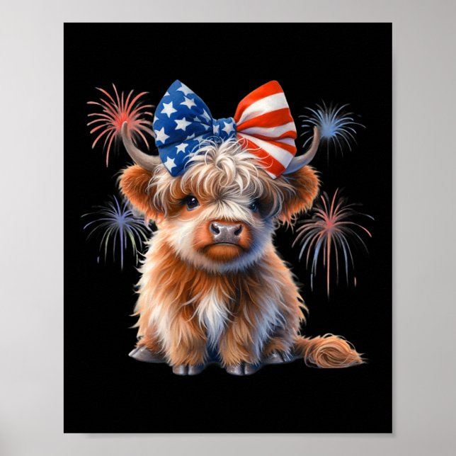 Patriotic Highland Cow Coquette 4th Of July Farmer Poster (Front)