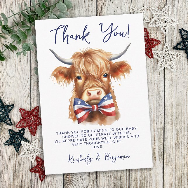 Patriotic Highland Cow Farm Animal Baby Shower Thank You Card (Creator Uploaded)