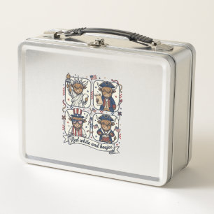 Patriotic Highland Cow Red White and Boujee Metal Lunch Box