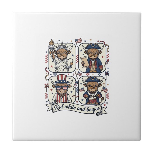 Patriotic Highland Cow Red White and Boujee Tile (Front)