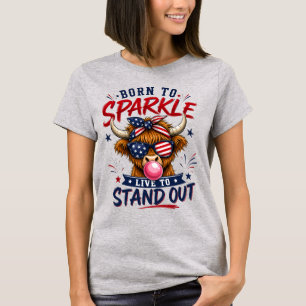 Patriotic Highland Cow Sparkle Graphic T-Shirt