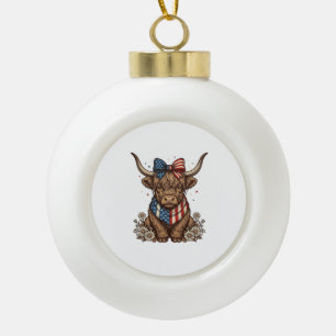 Patriotic Highland Cow Vintage Ceramic Ball Christmas Ornament