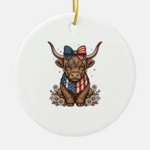 Patriotic Highland Cow Vintage Ceramic Tree Decoration