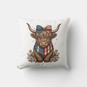 Patriotic Highland Cow Vintage Cushion