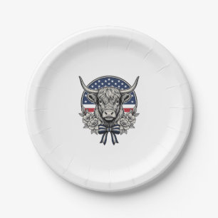 Patriotic Highland Cow Vintage Engraving Art_1 Paper Plate