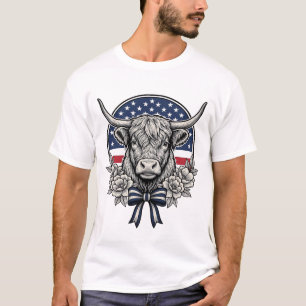 Patriotic Highland Cow Vintage Engraving Art_1 T-Shirt