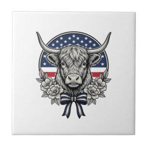 Patriotic Highland Cow Vintage Engraving Art_1 Tile