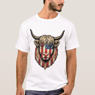Patriotic Highland Cow Vintage Engraving Art T-Shirt