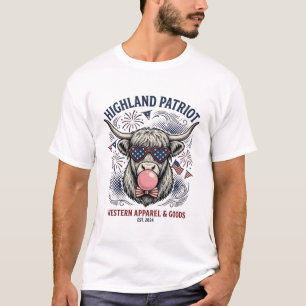 Patriotic Highland Cow Vintage Engraving Bubblegum T-Shirt