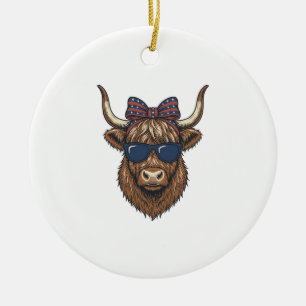 Patriotic Highland Cow Vintage Engraving Design_1 Ceramic Tree Decoration