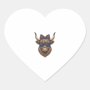 Patriotic Highland Cow Vintage Engraving Design_1 Heart Sticker