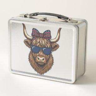 Patriotic Highland Cow Vintage Engraving Design_1 Metal Lunch Box