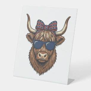 Patriotic Highland Cow Vintage Engraving Design_1 Pedestal Sign