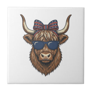 Patriotic Highland Cow Vintage Engraving Design_1 Tile