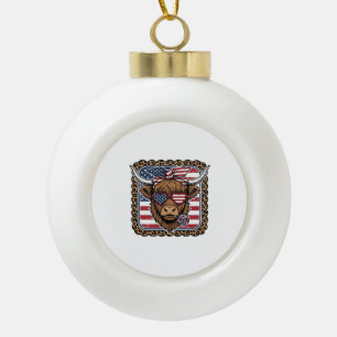 Patriotic Highland Cow Vintage Engraving Design (2 Ceramic Ball Christmas Ornament