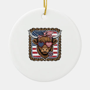 Patriotic Highland Cow Vintage Engraving Design (2 Ceramic Tree Decoration