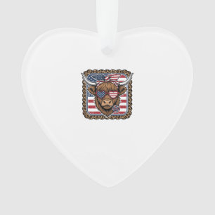 Patriotic Highland Cow Vintage Engraving Design (2 Ornament