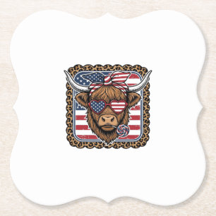 Patriotic Highland Cow Vintage Engraving Design (2 Paper Coaster