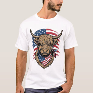 Patriotic Highland Cow Vintage Engraving Flag Art T-Shirt