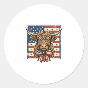 Patriotic Highland Cow Vintage Engraving Shirt Des Classic Round Sticker