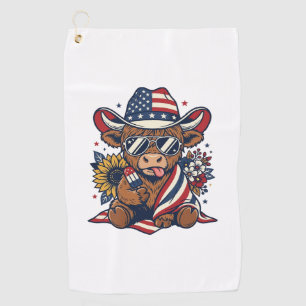 Patriotic Highland Cow Vintage Engraving Shirt Des Golf Towel