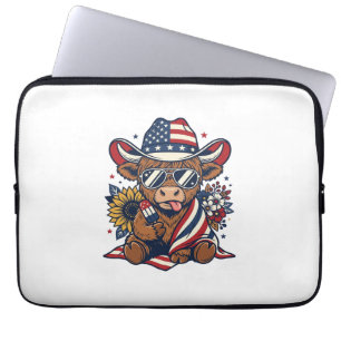 Patriotic Highland Cow Vintage Engraving Shirt Des Laptop Sleeve