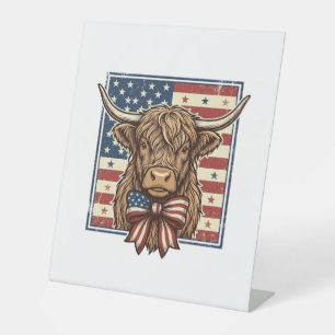 Patriotic Highland Cow Vintage Engraving Shirt Des Pedestal Sign