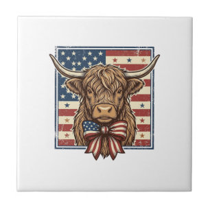 Patriotic Highland Cow Vintage Engraving Shirt Des Tile