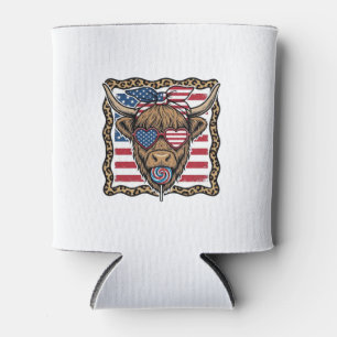 Patriotic Highland Cow Vintage Flag Graphic_1 Can Cooler