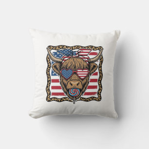 Patriotic Highland Cow Vintage Flag Graphic_1 Cushion