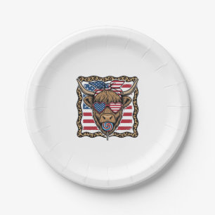 Patriotic Highland Cow Vintage Flag Graphic_1 Paper Plate