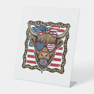 Patriotic Highland Cow Vintage Flag Graphic_1 Pedestal Sign