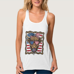 Patriotic Highland Cow Vintage Flag Graphic_1 Singlet