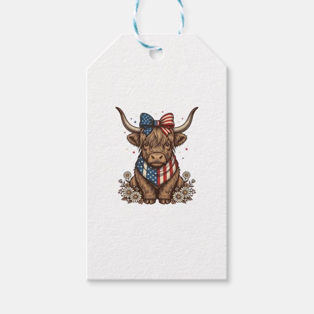 Patriotic Highland Cow Vintage Gift Tags (Front)