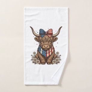 Patriotic Highland Cow Vintage Hand Towel