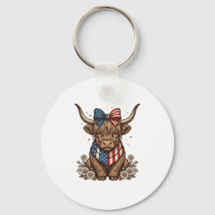 Patriotic Highland Cow Vintage Key Ring