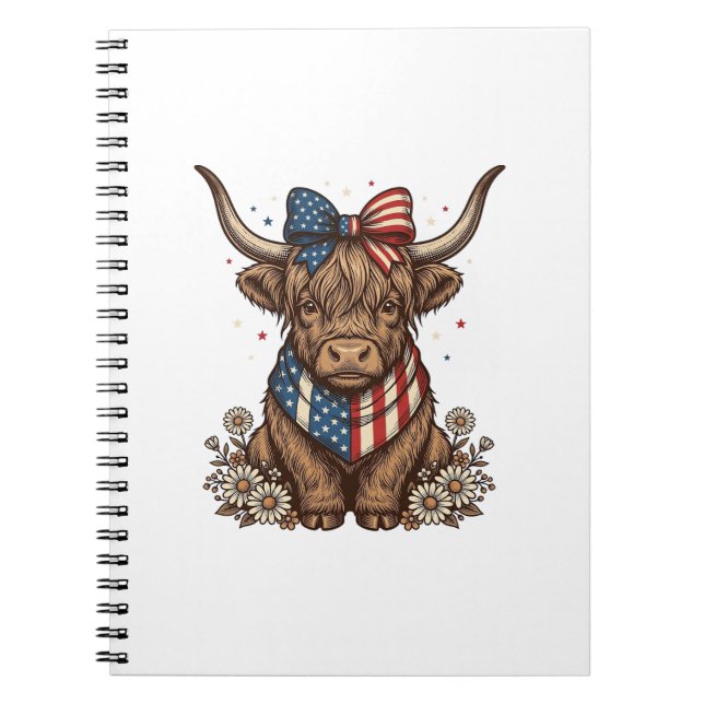 Patriotic Highland Cow Vintage Notebook (Front)