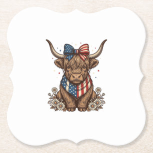 Patriotic Highland Cow Vintage Paper Coaster