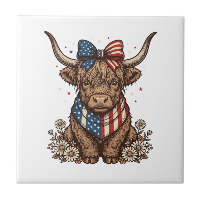 Patriotic Highland Cow Vintage Tile (Front)