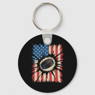 Patriotic Hockey 4th Of July Vintage American Flag Key Ring