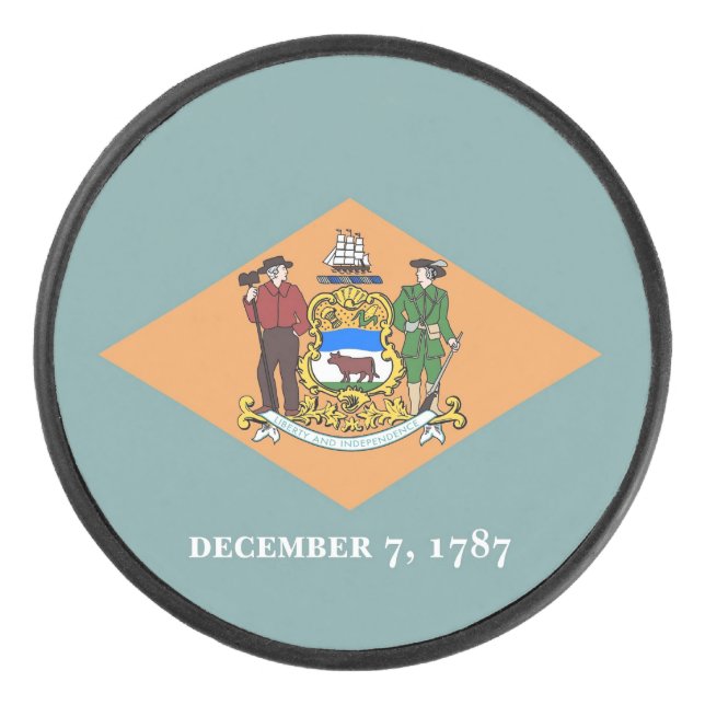 Patriotic hockey puck with flag of Delaware (Front)