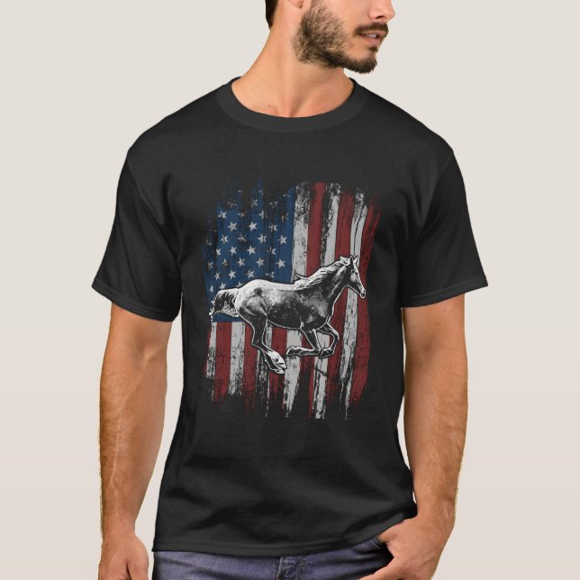 Patriotic Horse American Flag Horseback Riding T-Shirt (Front)