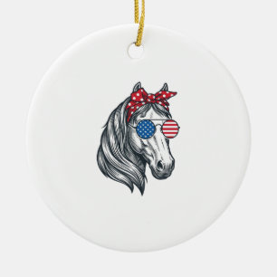Patriotic Horse With Flag Sunglasses Vintage Vecto Ceramic Tree Decoration