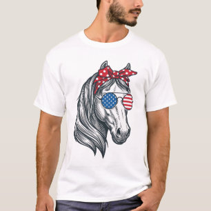 Patriotic Horse With Flag Sunglasses Vintage Vecto T-Shirt