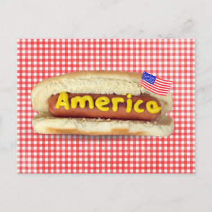 Patriotic Hot Dog on Gingham  Postcard