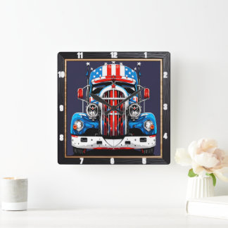 Patriotic Hot Rod Truck 4th of July Square Wall Clock