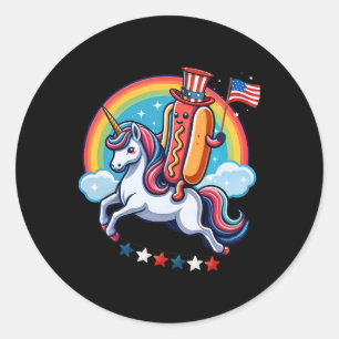Patriotic Hotdog Riding Unicorn 4th Of July Americ Classic Round Sticker