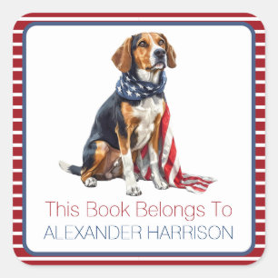 Patriotic Hound Dog Personalised Bookplate Square Sticker
