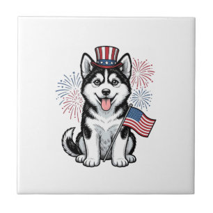 Patriotic Husky Puppy Vintage Engraving Shirt Desi Tile