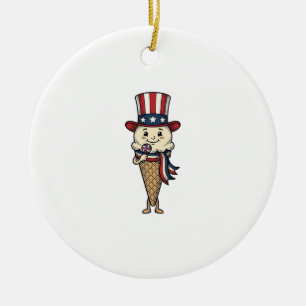 Patriotic Ice Cream Cone Vintage Engraving Design_ Ceramic Tree Decoration